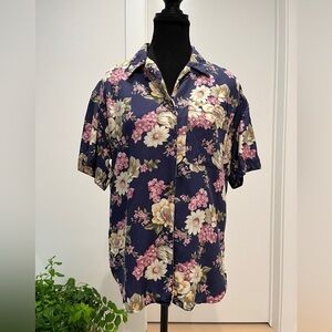 LIZSPORT Floral Button Front Blouse Short Sleeves Back Pleats Cottagecore Casual